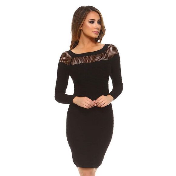 Black Long Sleeve Netted Neckline Dress - Picture 7 of 8
